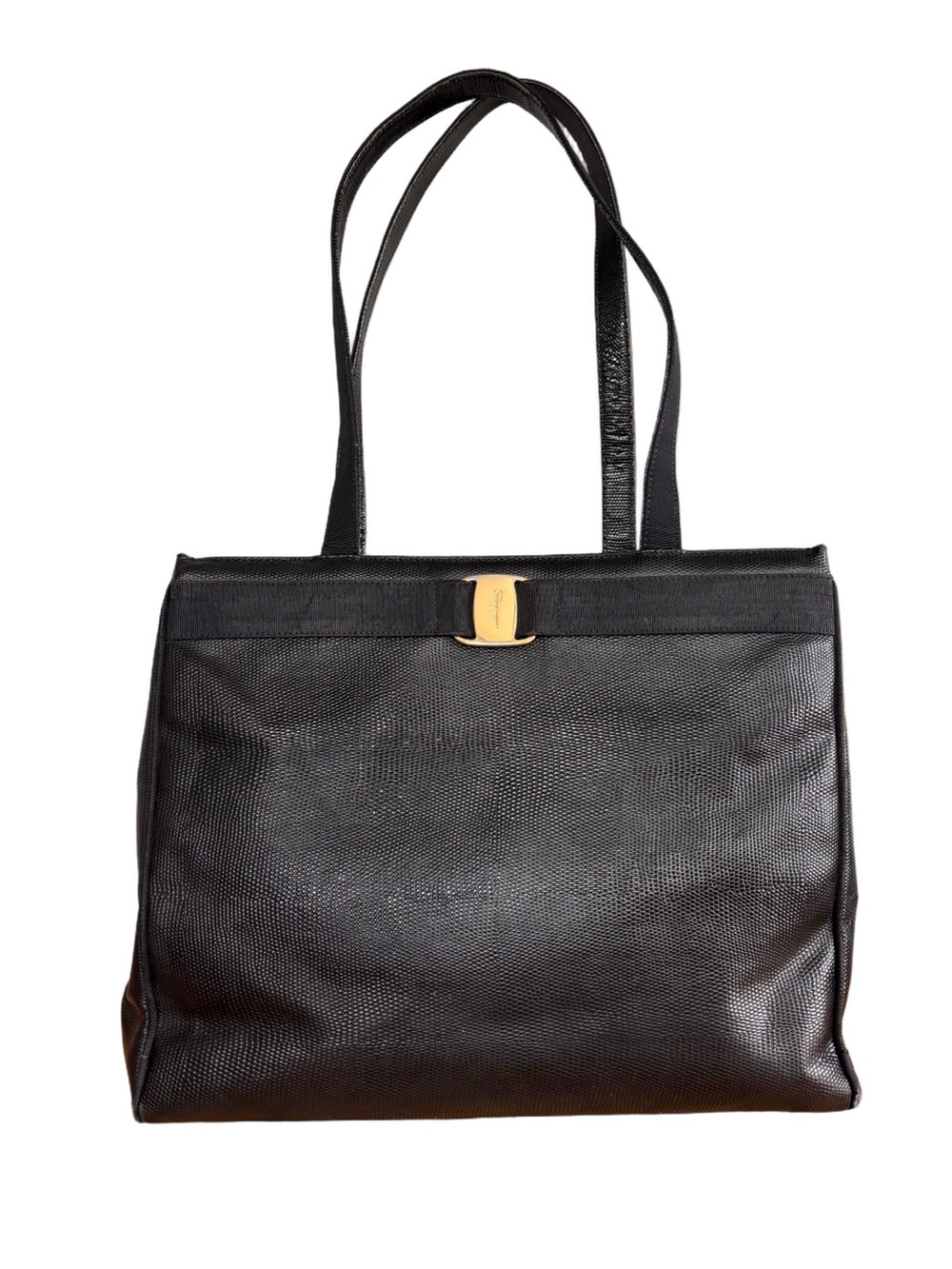 Salvatore Ferragamo Vintage Vara Tote Black Leather Lizard Embossed Italy